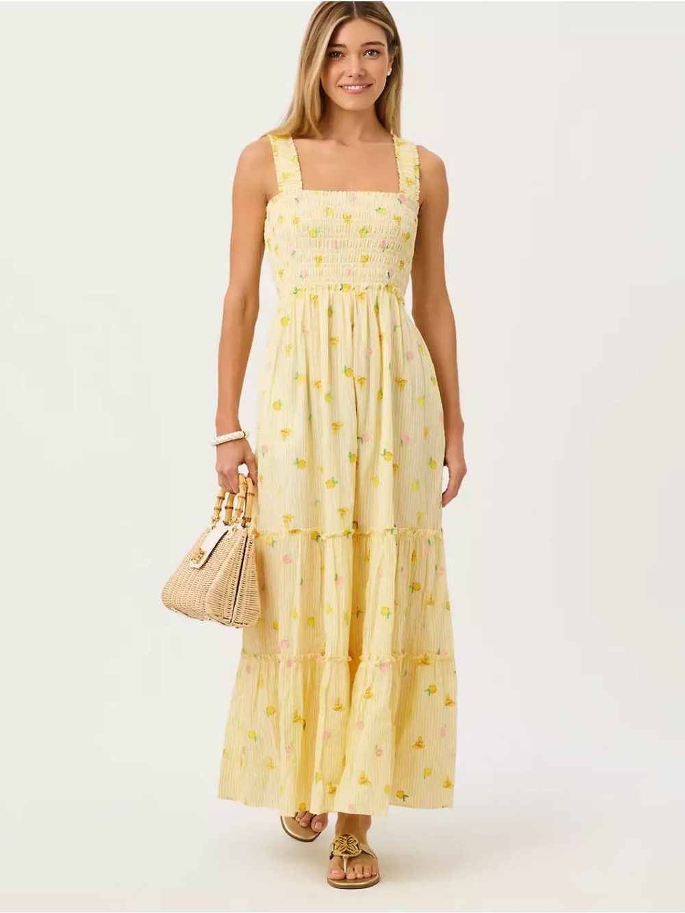 Lilly Pulitzer Hadly Smocked Maxi Dress in Estelle Yellow with Lemon Bees. MED.